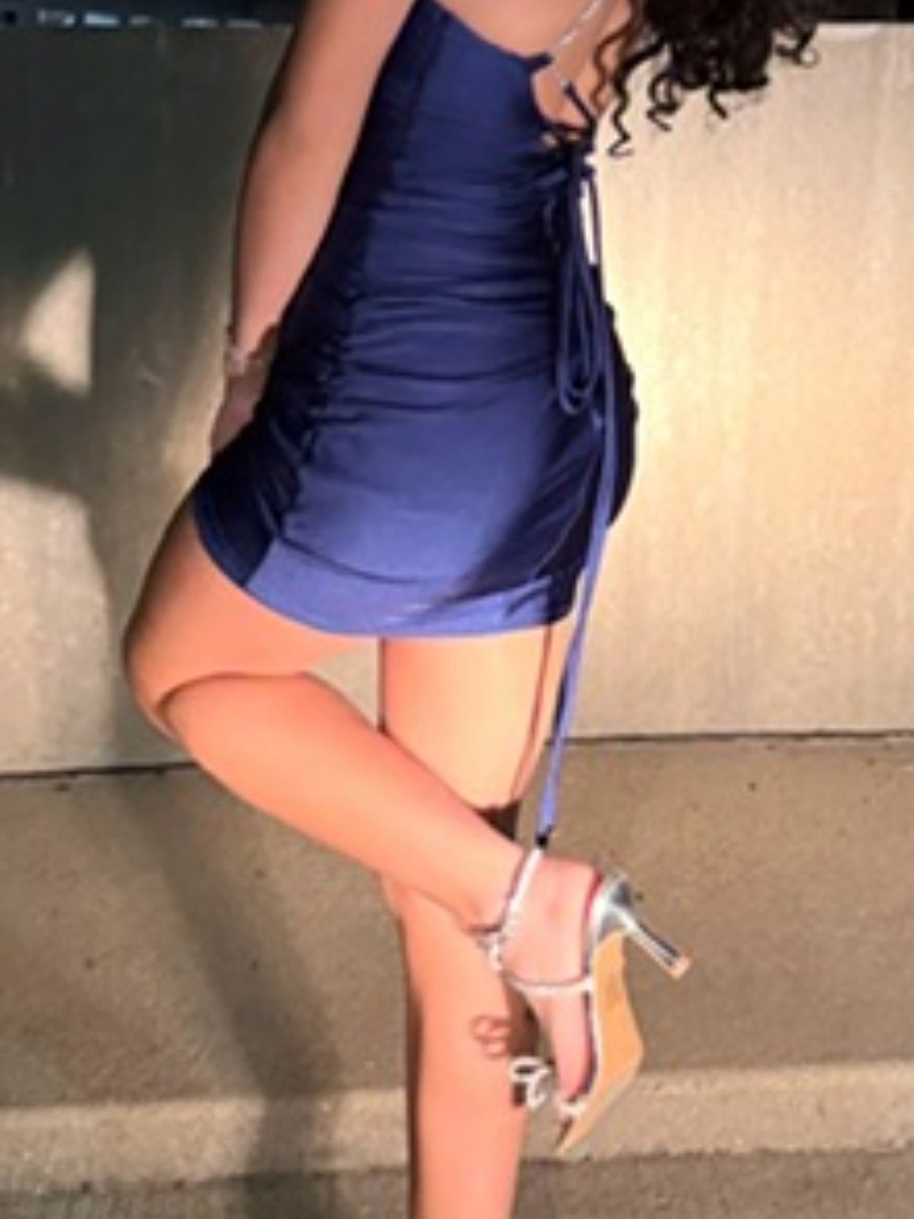 Satin Navy Blue Lace-Up Mini Dress with embellished straps
